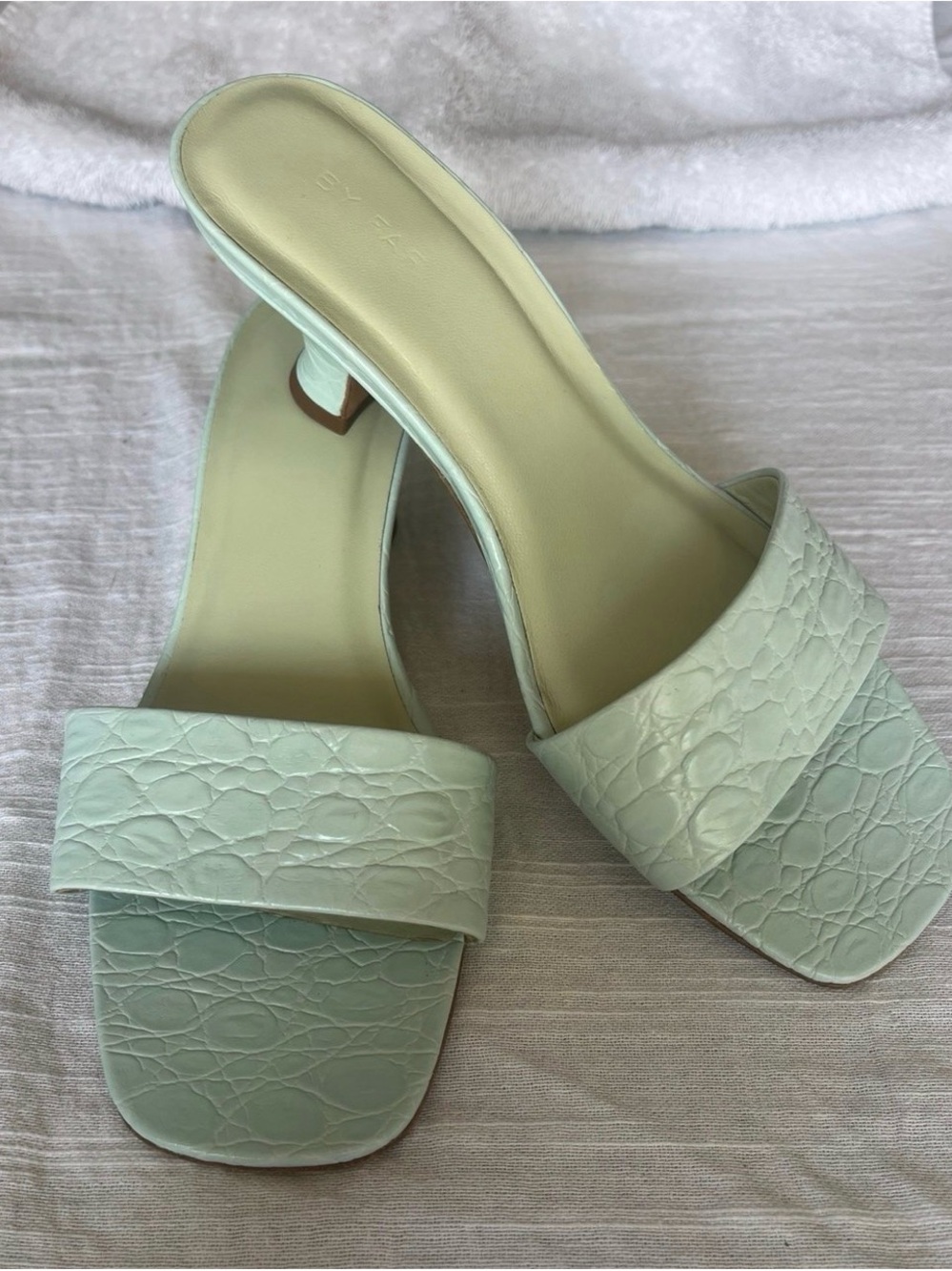 BY FAR Pale Mint Croc-Embossed Square-Toe Slide Sandals